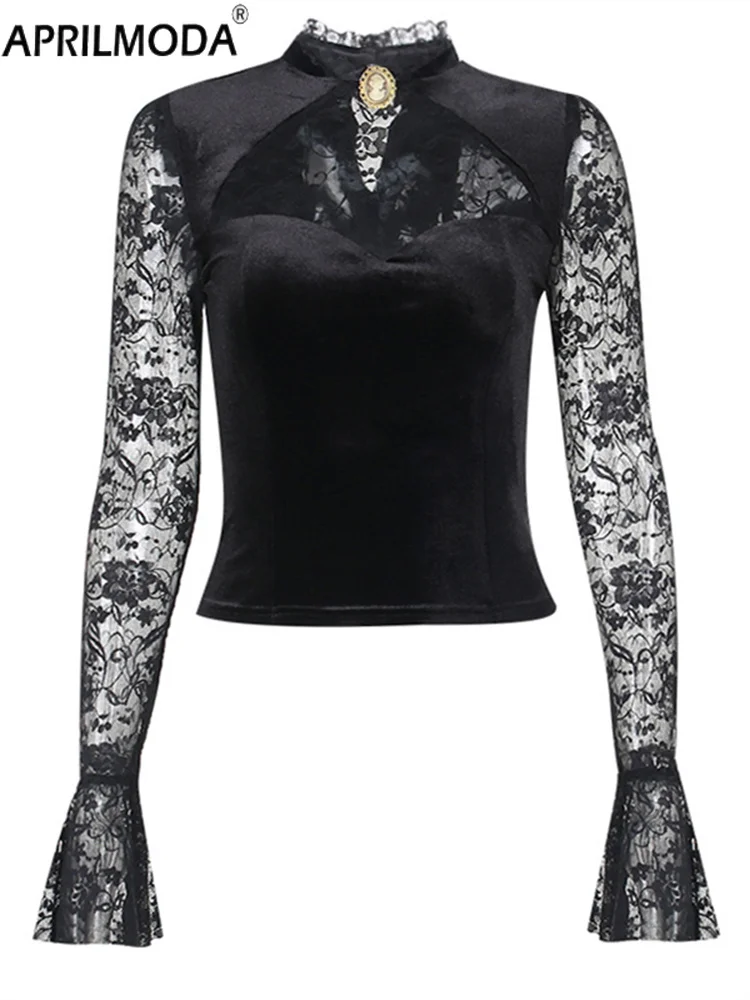

2023 бархатные женские кружевные блузки Y2k укороченный топ сексуальный готический гранж женские рубашки элегантные ретро винтажные черные выдолбленные рубашки 50S