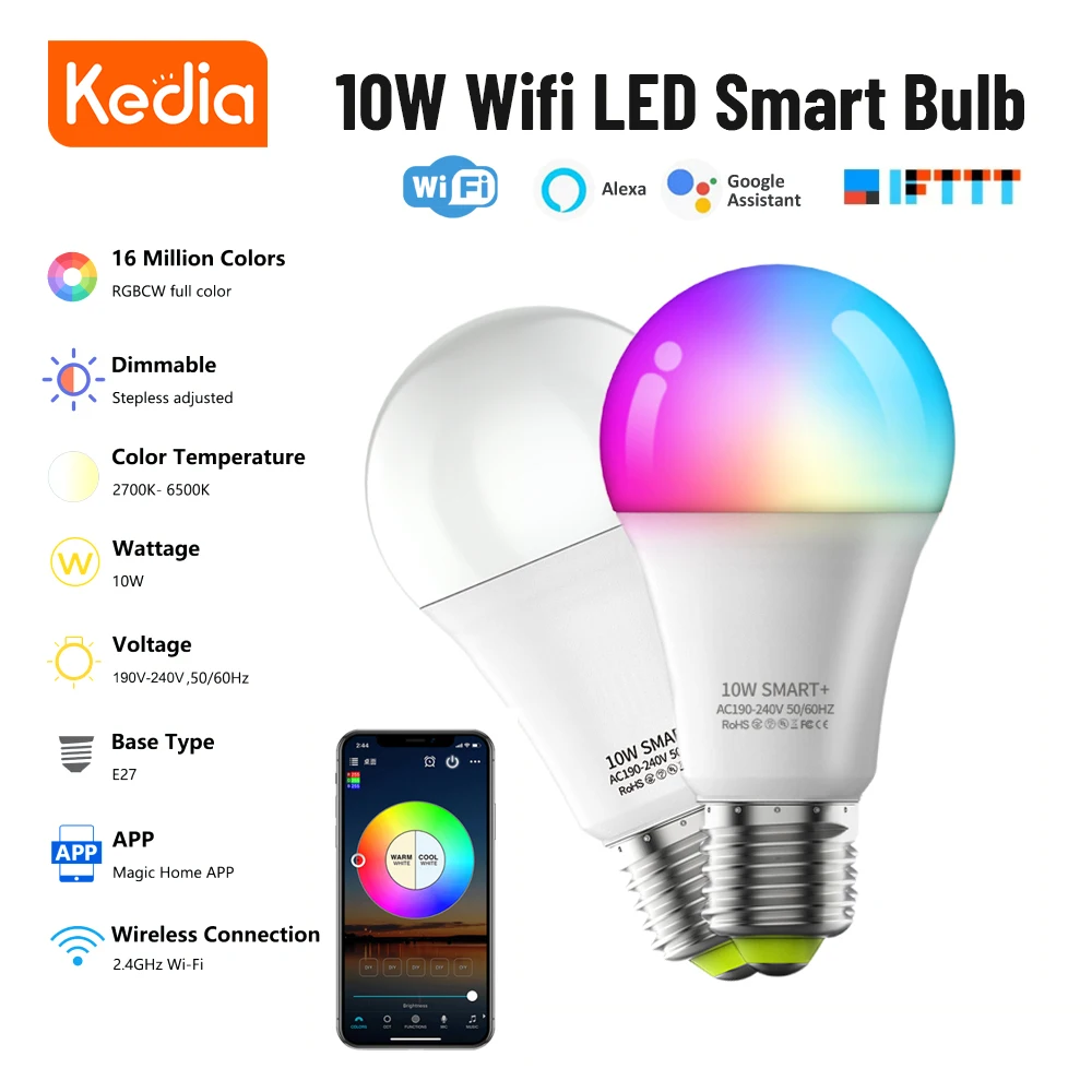 

Kedia WiFi Smart Bulb Remote Control Dimmable Timer E27 RGB+CW+WW Smart LED Lamp Color Change Bulb Lamp Compatible IOS/Android