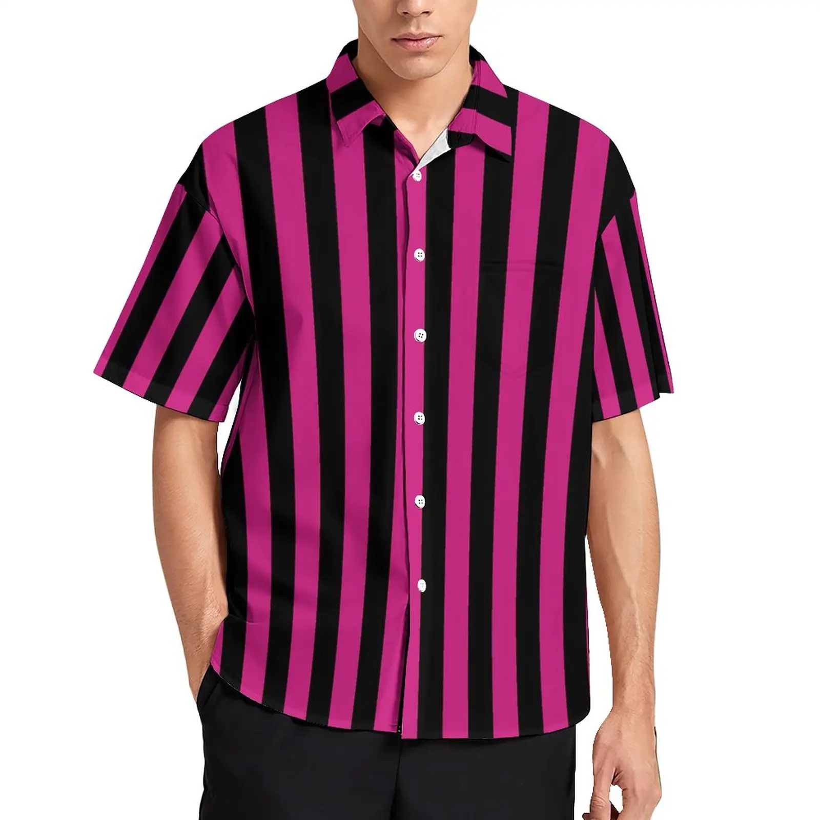 

Vertical Striped Blouses Men Black And Purple Casual Shirts Hawaiian Short Sleeve Design Aesthetic Oversized Beach Shirt Gift