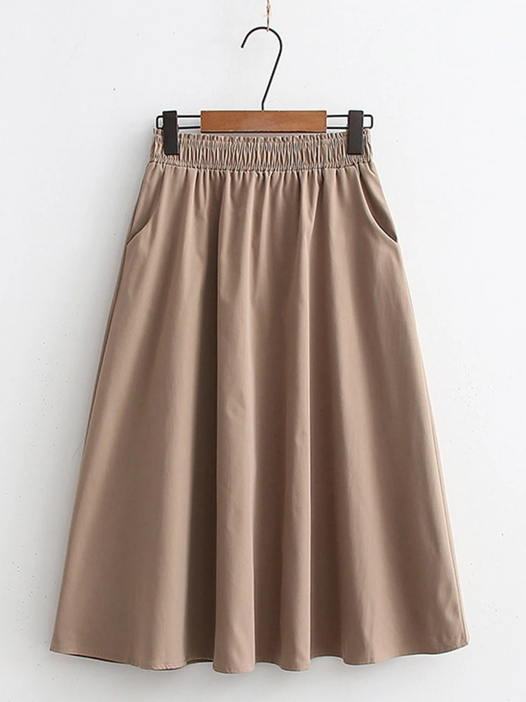 

TIGENA 2022 Summer Elastic High Waist Midi Long Skirt Women Simple Casual Solid All-match A Line Pocket Mid-length Skirt Female
