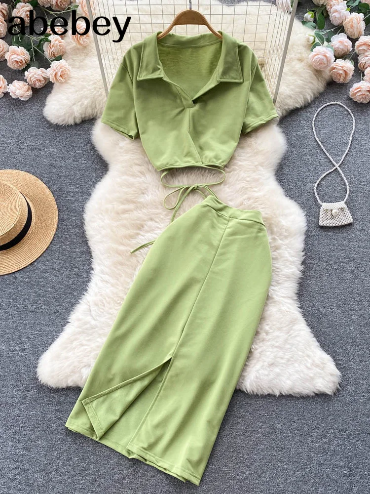 

Women Sexy Two-piece Clothes Set Women's suit Solid Color Short Sleeve Top and High Waist Split Long Slit Skirt Summer outfis