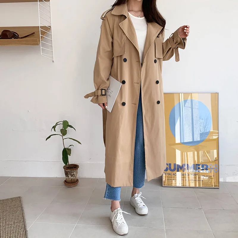 

2021 Fall New Abrigos Mujer Indie England Style Women Long Trench Coats Long Sleeve Solid Cotton Overcoats Oversized Streetwear