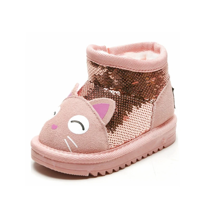 

11-18cm Brand Kids Snow Boots With Cute Cartoon,Bling Sequined Clothe Thickest Plush Ankle Boots For 0-6Years Kids Woman Boys