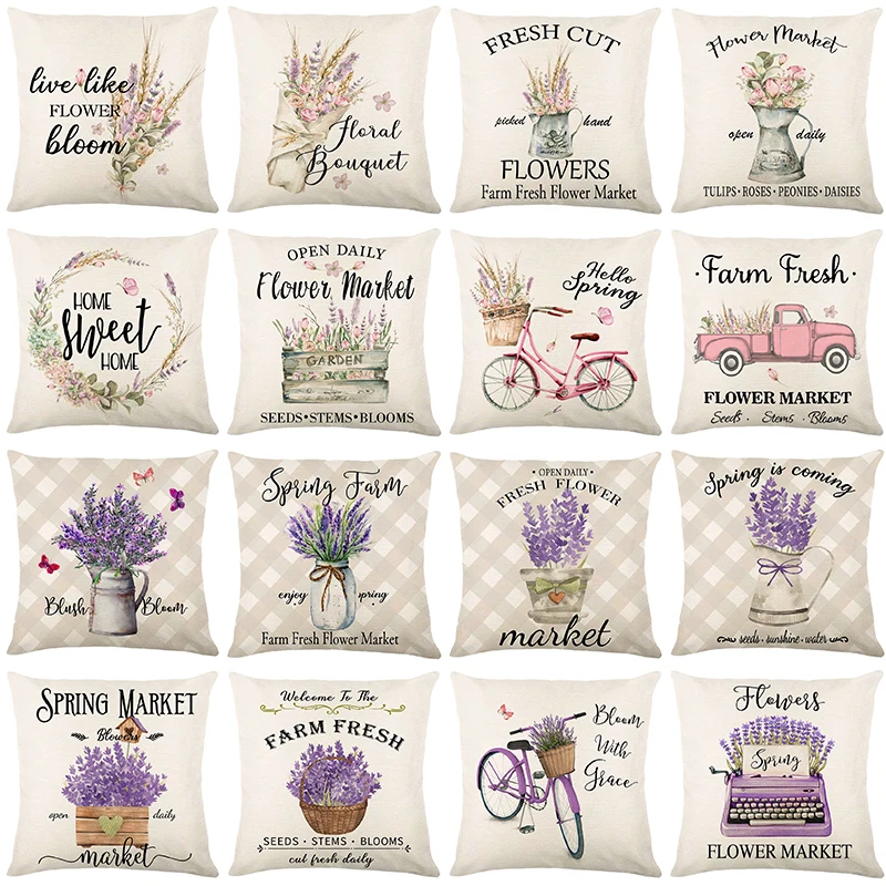 

Lavender Printed Cushion Cover Simple Flowers Bicycle Pattern Plaid Pillow Covers 18x18 Inches Home Decor Linen Throw Pillowcase