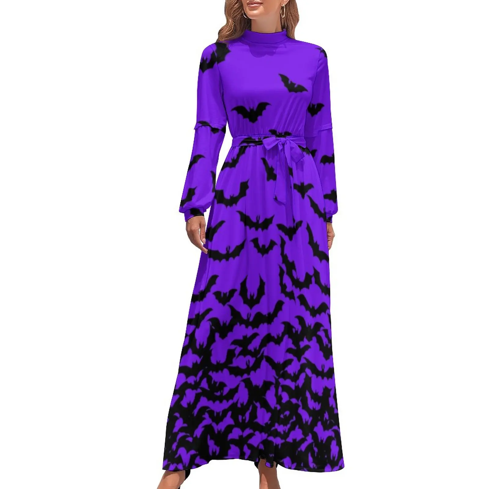 

Just Bats Purple Dress Cute Animal Elegant Design Maxi Dress High Waist Long Sleeve Street Style Boho Beach Long Dresses