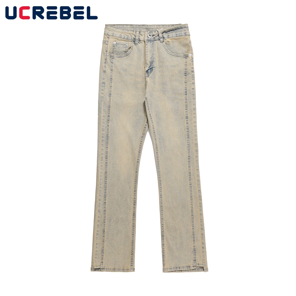 

Washed Retro Mud Yellow Casual Denim Pants Mens High Street Straight-leg Spliced Loose Jeans Men