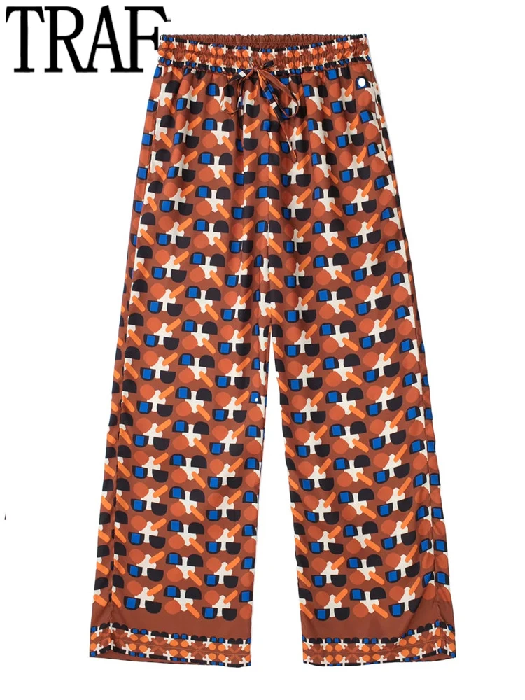 

TRAF Pants For Women 2022 Printed High Waist Wide Leg Pants Woman Pyjama Style Casual Baggy Pants Streetwear Summer Trousers