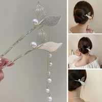 new beauty fishtail tassel hairpin women retro fashion hair stick pearl and crystal barrette hair accessories for girls ornament