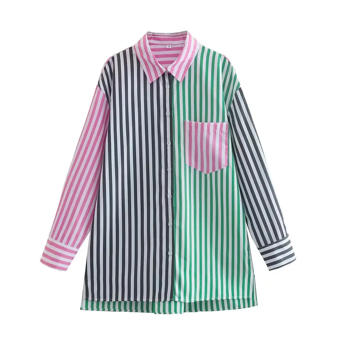 

SuperAen European and American Style Women's Streetwear New 2022 Patch Pocket Stripe Contrast Lapel Long Sleeve Loose Shirt