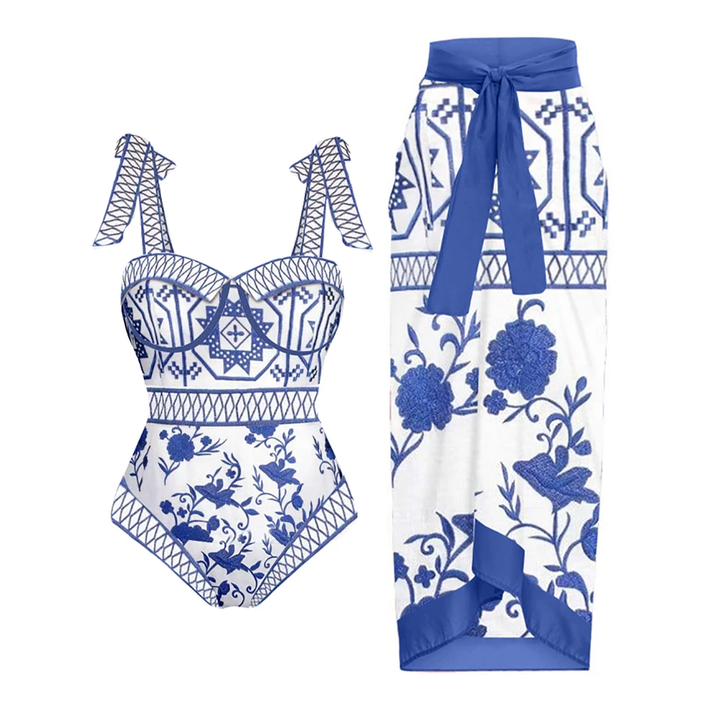 

Vintage Print One Piece Swimsuit And Cover Up Halter Neck Strap Designer Bikini Set Women Swimwear 2023 Beachwear Summer Party