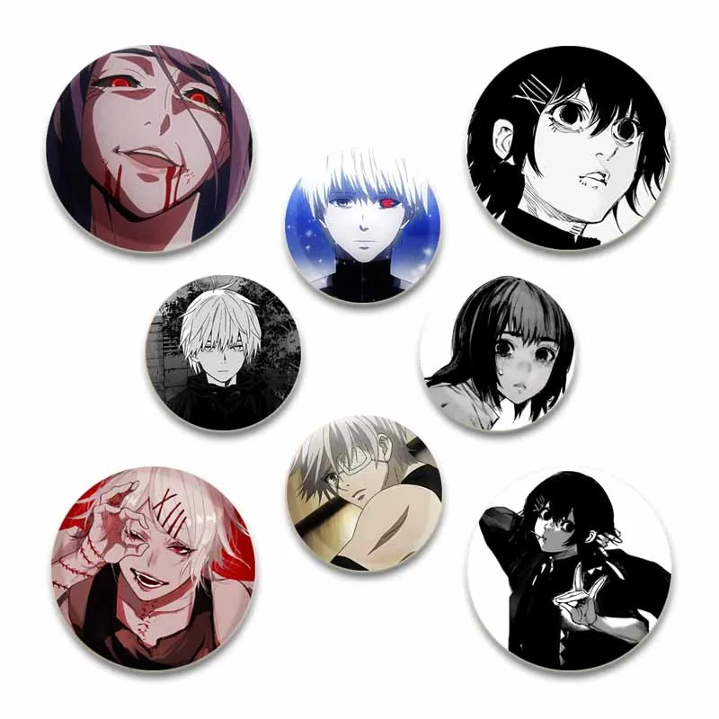 Фото Anime Figures Ken Kaneki/Touka Kirishima/Rize Kamishiro Badge Tinplate Pins Handmade Brooches for Backpack Clothes Decoration №1