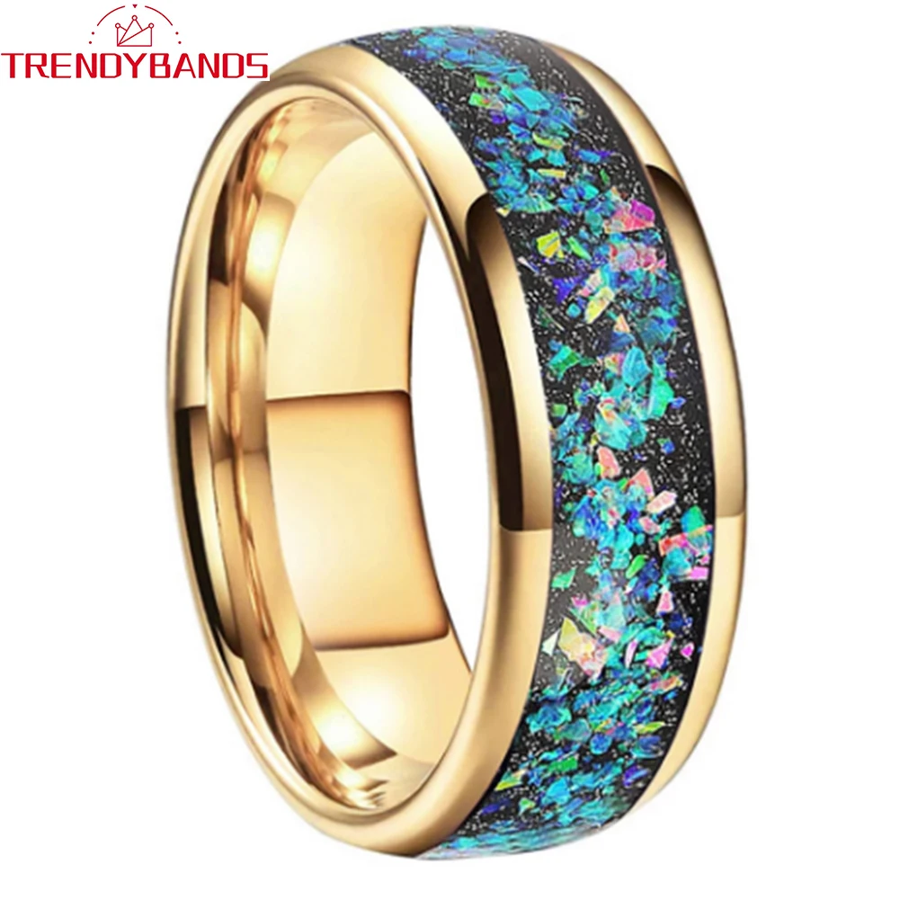 

8mm Gold Jewelry Tungsten Carbide Engagement Ring for Men Women Wedding Band Real Opal Inlay Domed Polished Shiny Comfort Fit