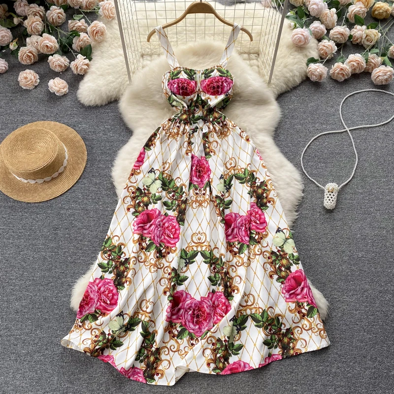 

VANOVICH Temperament Print Spaghetti Strap Waist Slim Dress Female Elegant Fashion Square Collar Beach Style A-LINE Long Dress