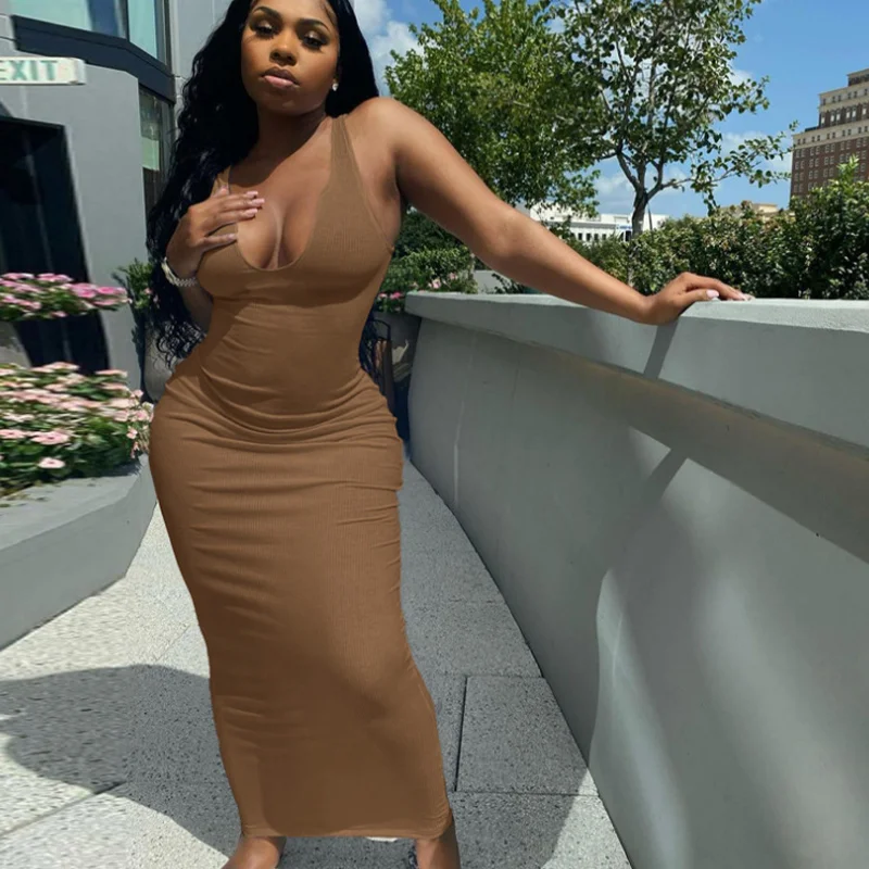 

Rib Knit Striped Ladies Solid Color Sleeveless Midi Dress V Neck Skinny Sexy Streetwear Party Club Elegant Summer 2022