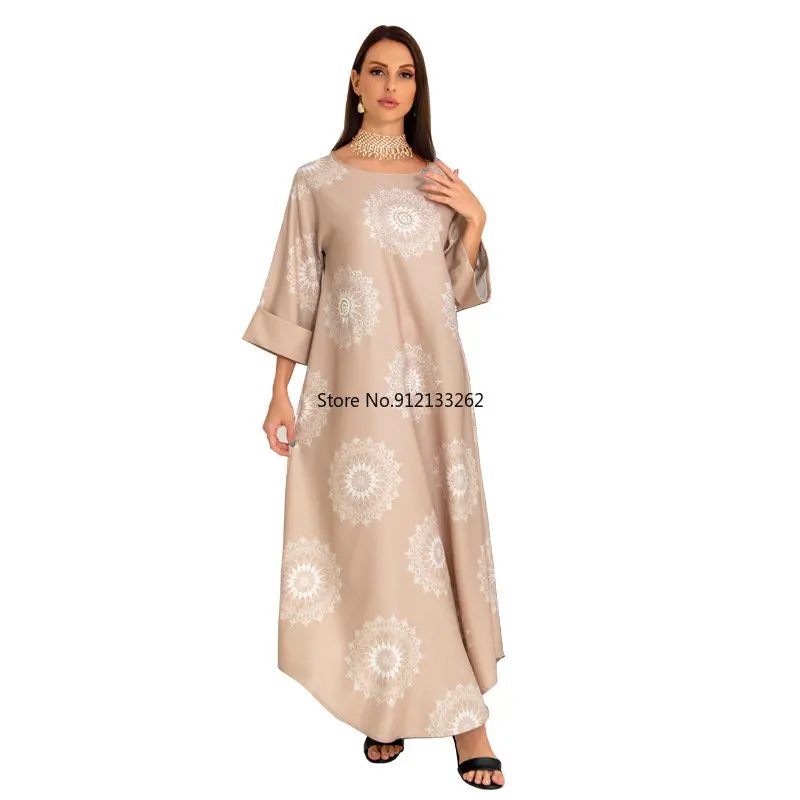 2023 Summer Spring Elegant Muslim Women Long Sleeve Round Neck Polyester Long Dresses Abaya Dress Muslim Fashion Dresses