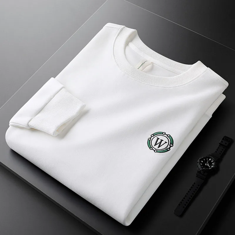 

Solid color simple slim cotton autumn round neck men's sweater W letter embroidery long-sleeved t-shirt male handsome