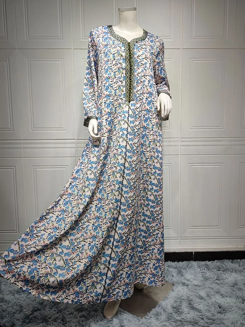 Ramadan Floral Print Abaya Kaftan Women Elegant Muslim African Long Dress Moroccan Islam Dubai Caftan Gulf Jalabiya Modesty Robe