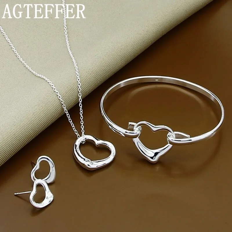 

AGTEFFER 925 Sterling Silver Heart Pendant Necklace Bangle Earring Set For Woman Wedding Engagement Party Fashion Charm Jewelry