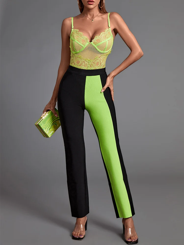 

Two Piece Set Bodysuit and Pants 2022 New Women's Green 2 Pece Set Elegant Sexy Lace Evening Club Party Set Summer Outfiits