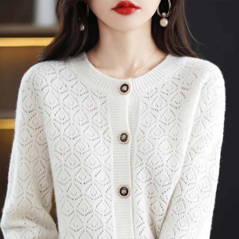 Autumn Winter New Pure Wool Women's Cardigan Round Neck Hollowed-Out Versatile Cashmere Korean Version Loose Sweater Jacquard To
