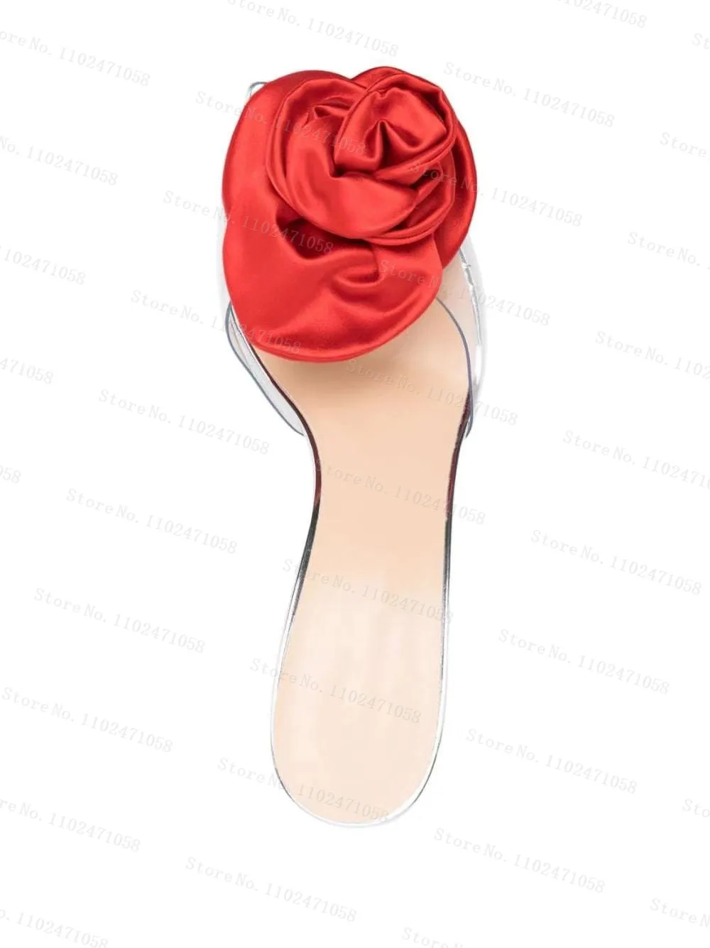 Red Rose Flowers Transparent Pvc Glass Slipper Round Toe Thin Heels Women Summer Sandals Fashion Ladies Party Dress Hight Heels