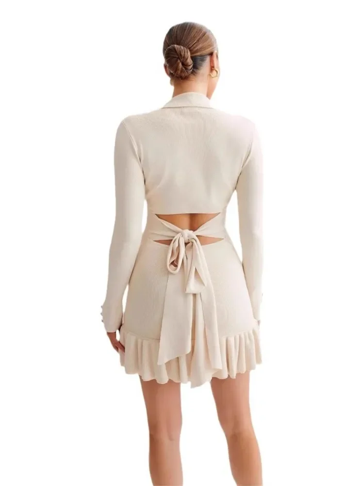 Вязаные мини-платья с рюшами и бантом женский летний контрастный кардиган