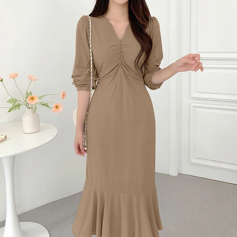 

Женское стильное офисное платье VONDA 2022, элегантное новое платье с длинным рукавом и гофрированным подолом, женский сарафан, женское платье