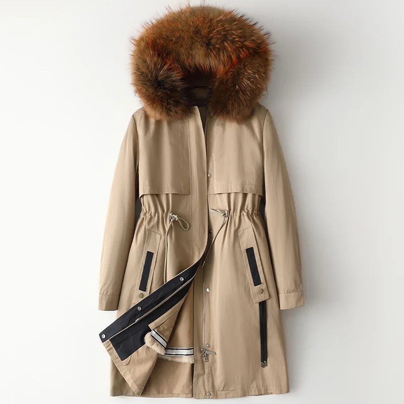 Raccoon Fur Collar Parker 2022 New Detachable Rabbit Fur Liner Fashion Hooded Winter Fur Coat for Women