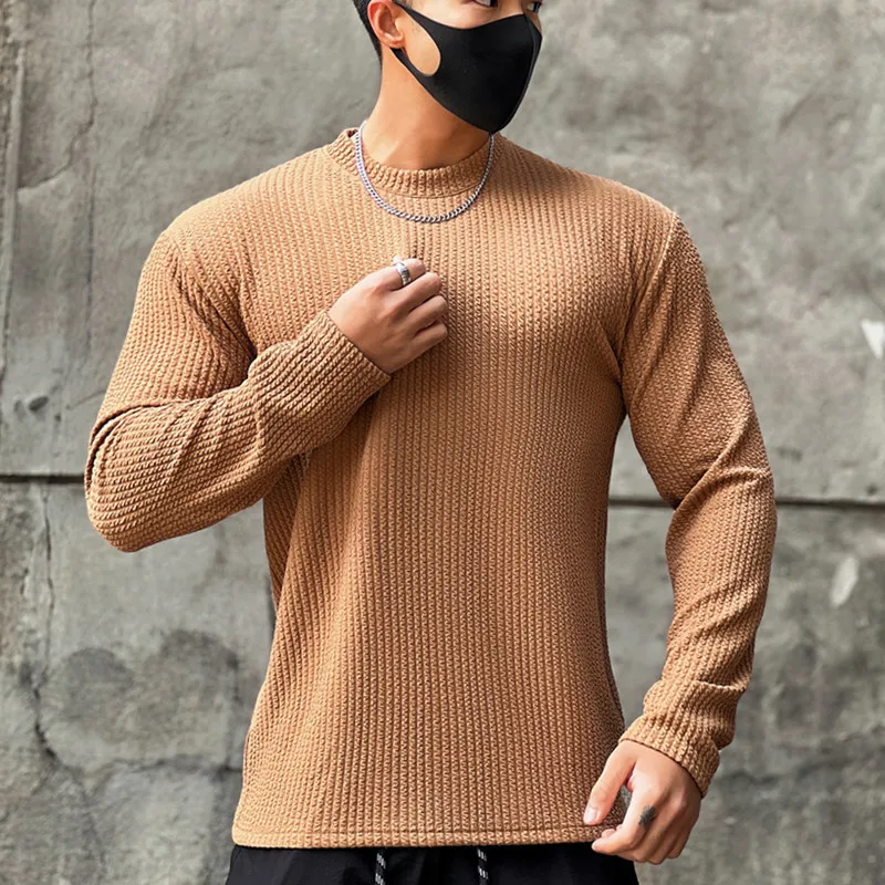 2023 men's spring and autumn men's new solid color waffle round neck pullover knitwear, muscle men's outer wear knitwear