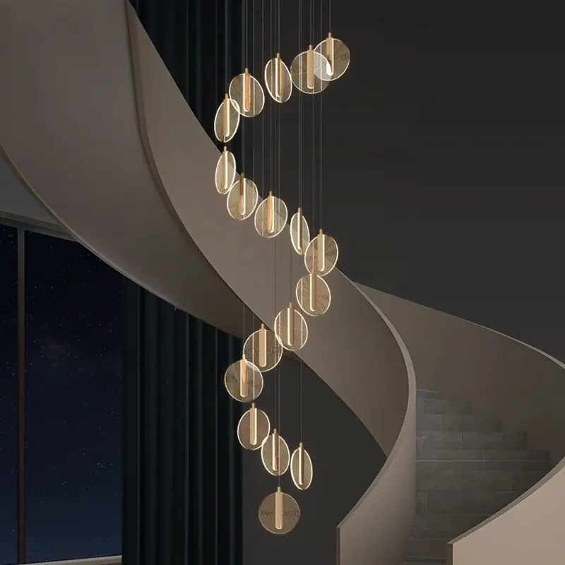 

Stair chandelier modern minimalist atmosphere light luxury Nordic hollow duplex living room villa loft rotating long chandelier