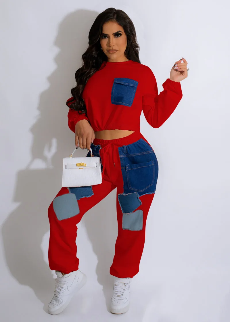 

Fall Winter Casual Tracksuits With Jean Patches 2022 Streetwear Sweatshirt Denim Patchwork Two Piece Pants Set Women Sweatsuits