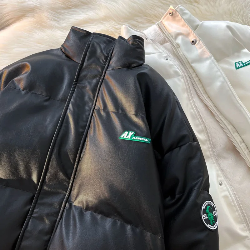 New Lamb Velvet Stand-up Collar PU Leather Cotton Coat Men Women Couple Coat Winter Loose Men's Thickened Down Cotton Jacket