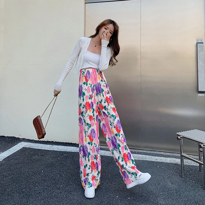 

Make firm offers tie-dye floral wide-legged pants female spring new easing straight tall waist drape pants of mop the floor