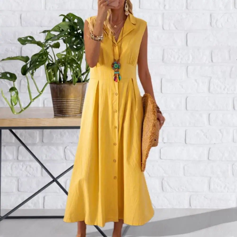 

Vintage Casual Mouwloze Revers Knop A-lijn Shirt Jurk Vrouwen Katoen Linnen Solid Lange Jurk Elegante Slanke Dame Feestjurk