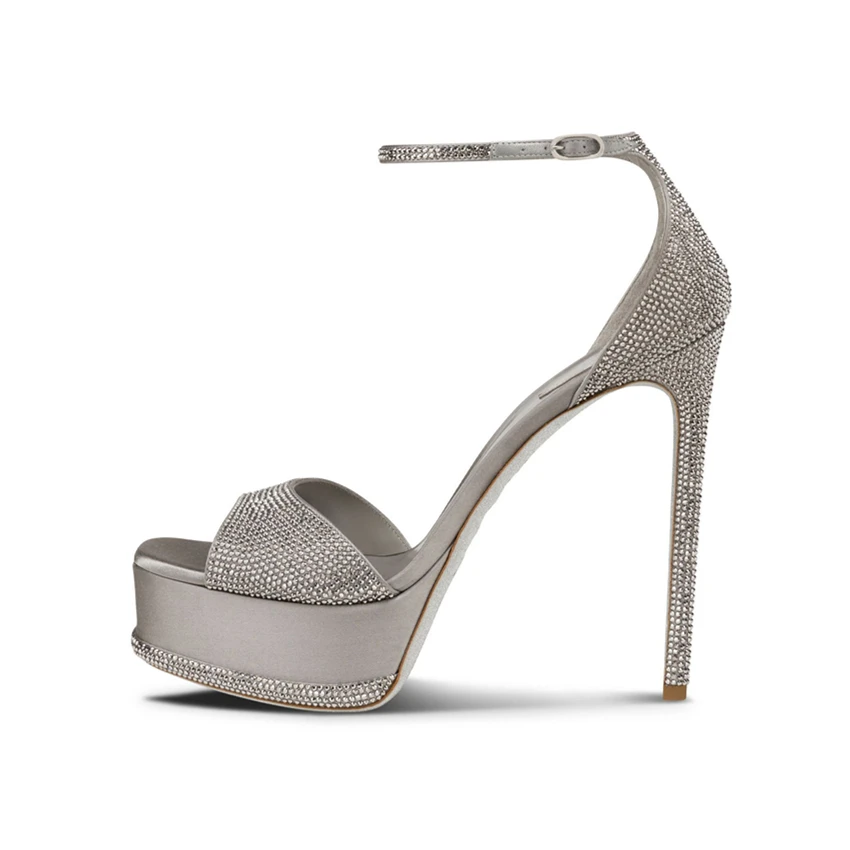 New One line Buckle Strap Thin Heel Rhinestone Waterproof Platform Round Toe Open Toe High Heel Sandals Large Size Women's Shoes