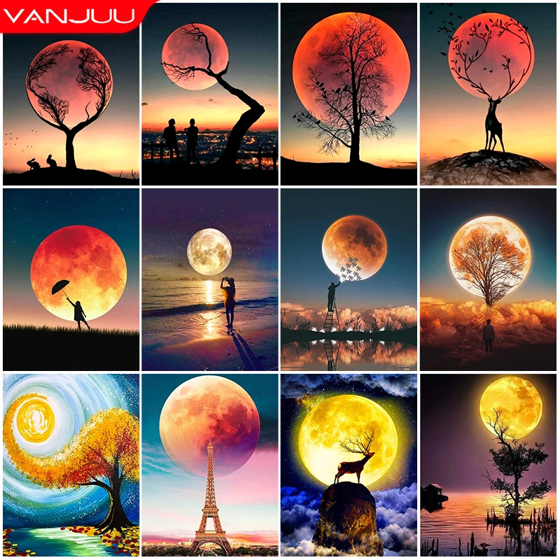

5D DIY Full Round Diamond Painting Set Moon Pattern Cross Stitch Sunset Scenery Mosaic Diamond Embroidery Home Decor