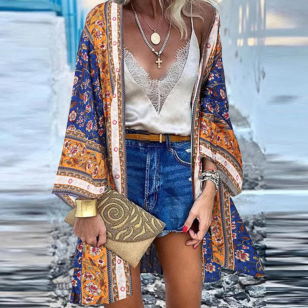 

Cardigan for Woman Spring Summer Thin Coat Beach Bohemian Cloak Print Mandala Pullover T-shirts Y2k Top Korean Female Clothing