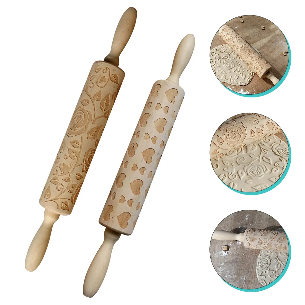 

Rolling Pin Roller Embossedengraved Dough Fondant Wooden Flower Carved Heart Cookiebakingpattern Valentine Stick