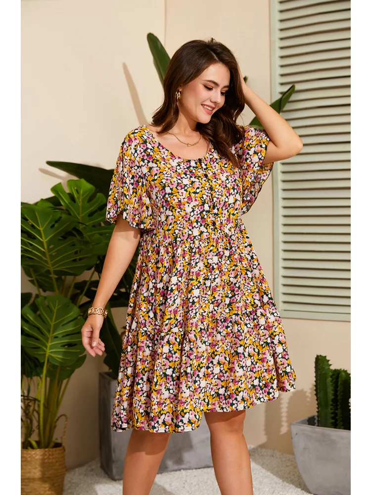 Summer new Mori chiffon dress female waist slim temperament small fresh floral knee-length dress plus size dresses