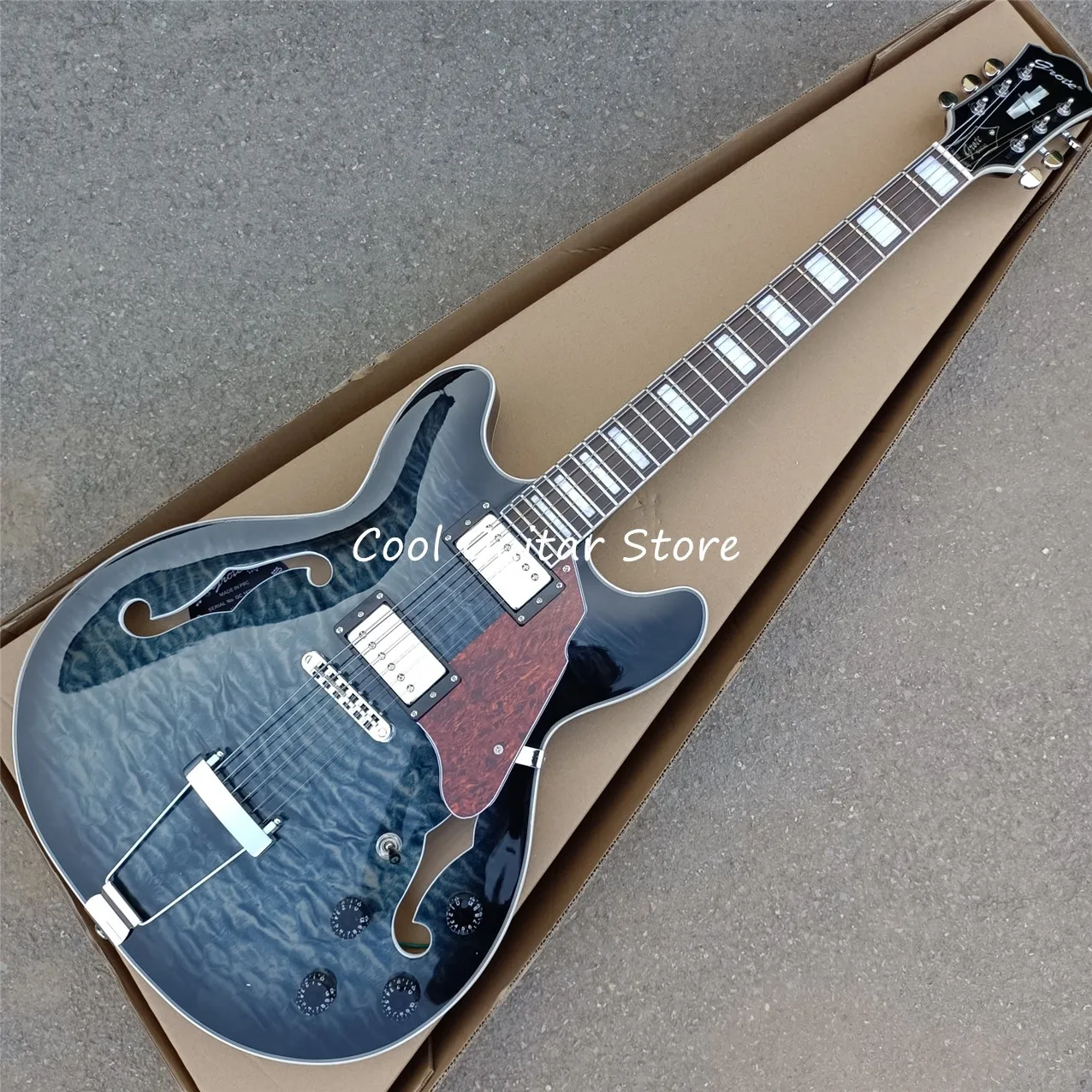 

Grote Electric Guitar, Hollow Body Jazz Model,Tiger Flamed Top,Blue Top,Rosewood Fingerboard,Free Shipping