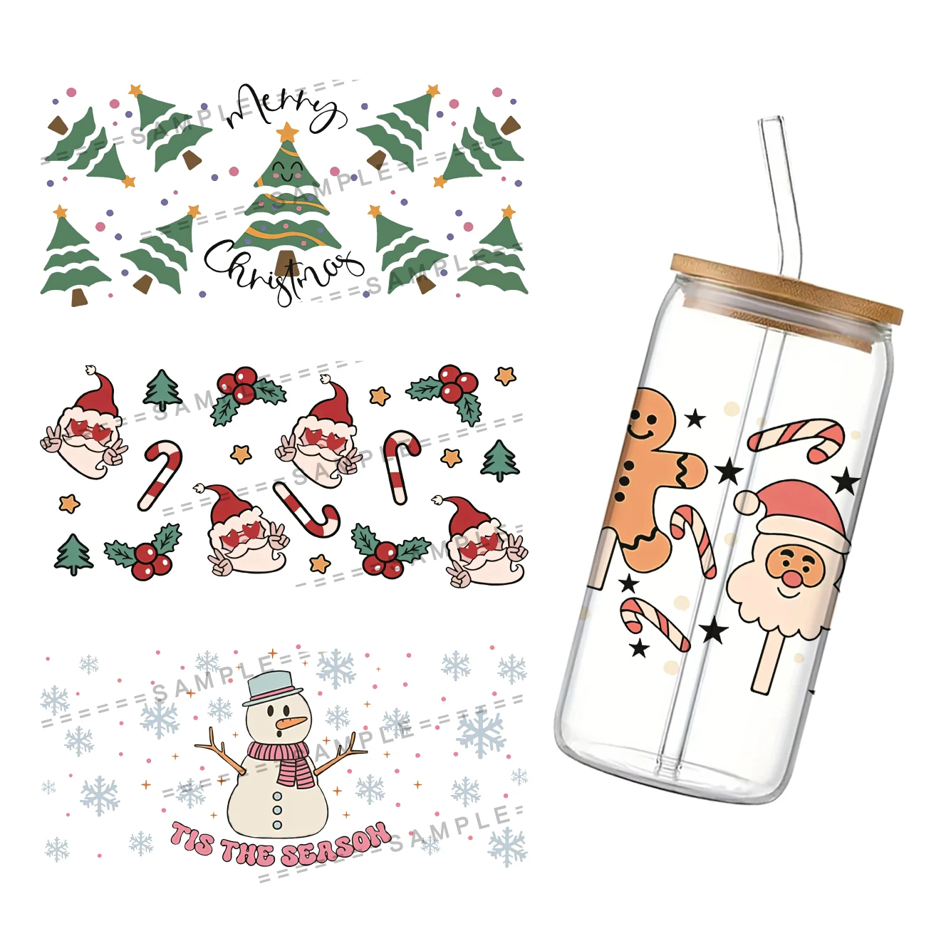 Для Libbey 16oz Can Glass UV DTF Coffee Wrap Christmas