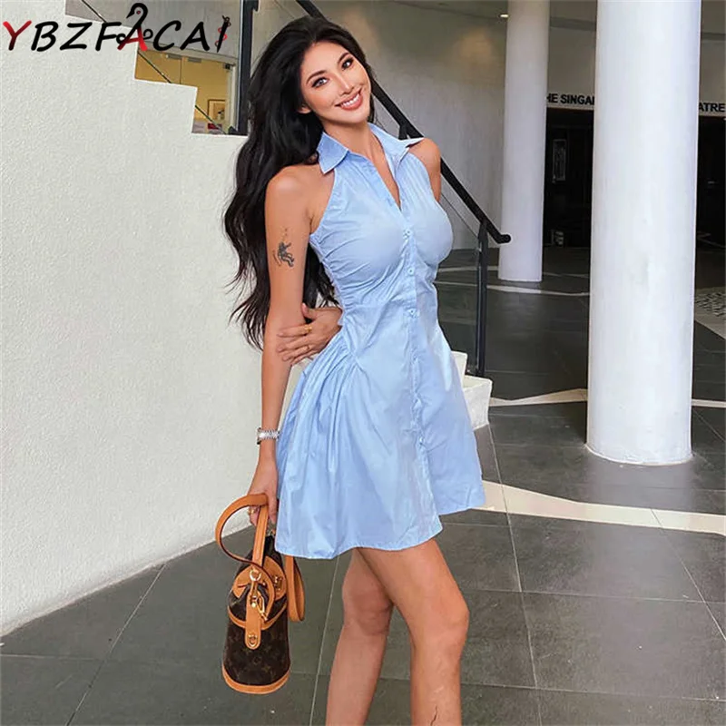 

YBZFACAI Hot Girl Sexy Tank Dress Office Slim Shirt Dress Korean Summer Lapel Sleeveless Tight High Waist Puff Skirt Fahion New