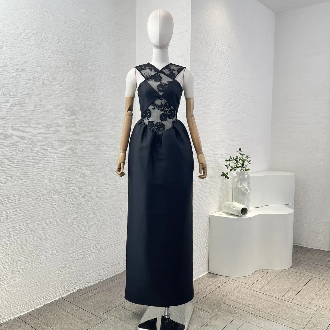 Новые поступления черное кружевное лоскутное платье без рукавов высшего