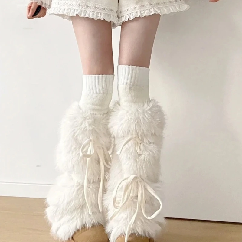 Фото JK Girls Boot Cuffs гетры женские зимние теплые Harajuku милая лента с бантом пушистый плюшевый мех белые длинные носки №1