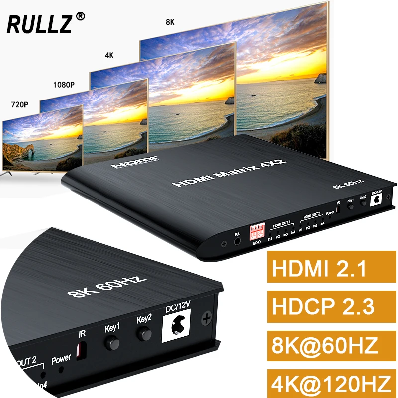 8K@60HZ 4x2 Matrix HDMI 2.1 Switch 4K 120Hz HDMI Splitter 4 In 2 Out Dual Display for PS4 PS5 Xbox Computer PC To TV Projector