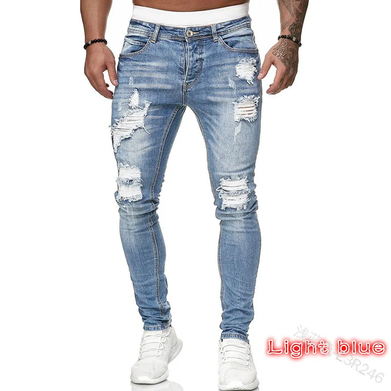2023 New Denim Men's Pants Broken Trend Black Slim Jeans Small Feet
