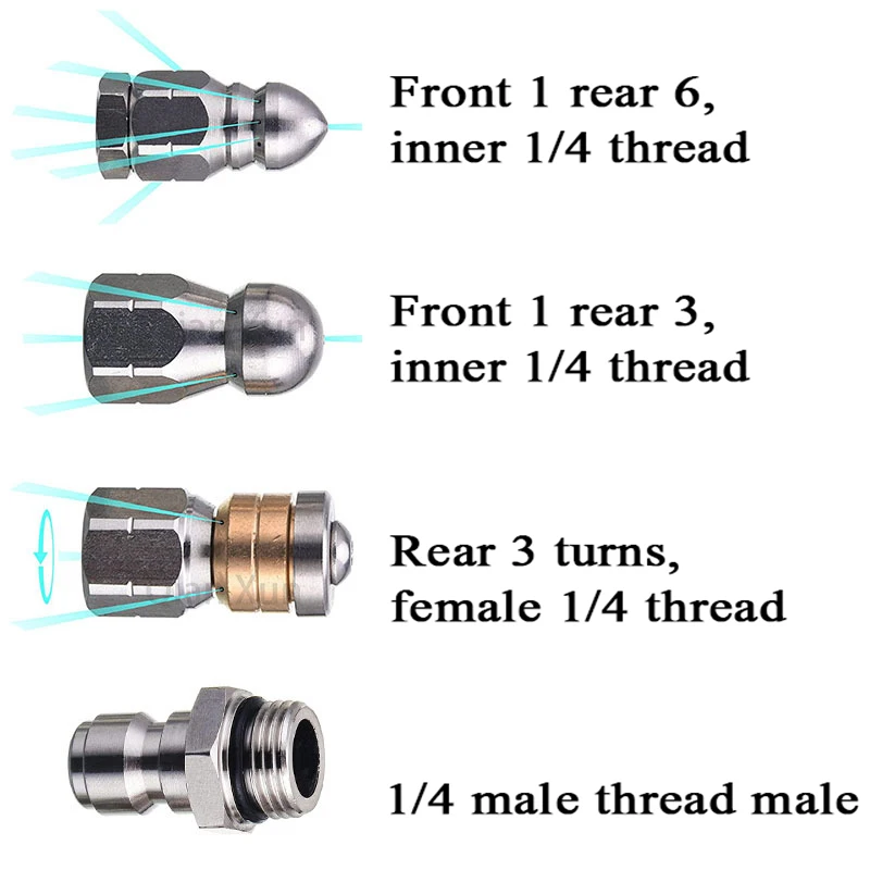 3pcs Washer Nozzle 1/4 Inch Stainless Steel Pressure Washer Drain Cleaning Pipe Jet Quick Plug Drain Hose Nozzle Tool