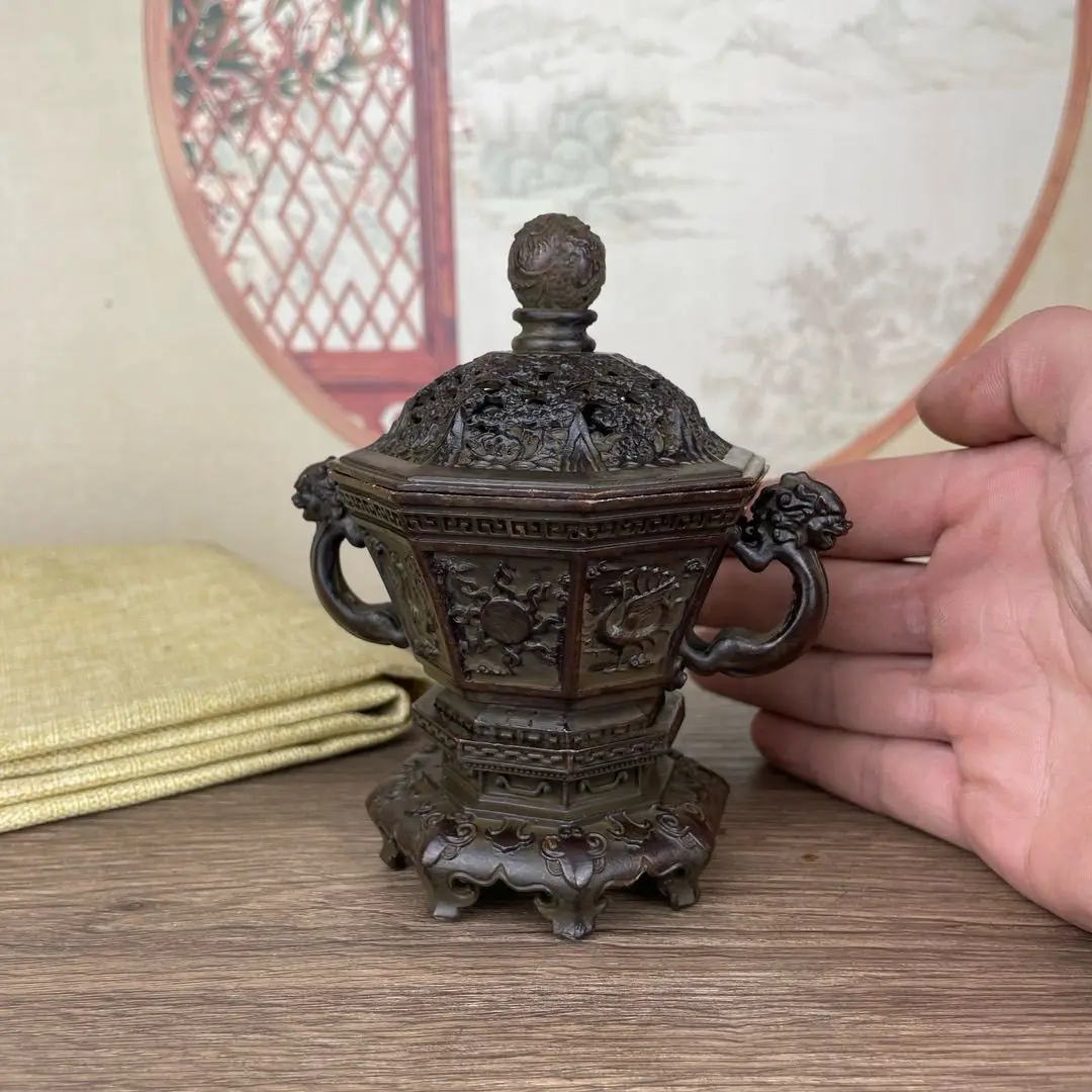 Антикварная рельефная курильница из бронзы четыре священных зверей для