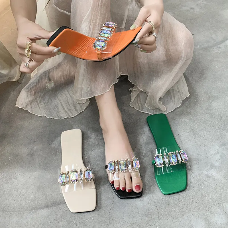 

2022 Summer Women New Slippers Female PU Leather Flat Fashion Shoes Ladies Solid Crystal Bling Transparent Beach Casual Footwear
