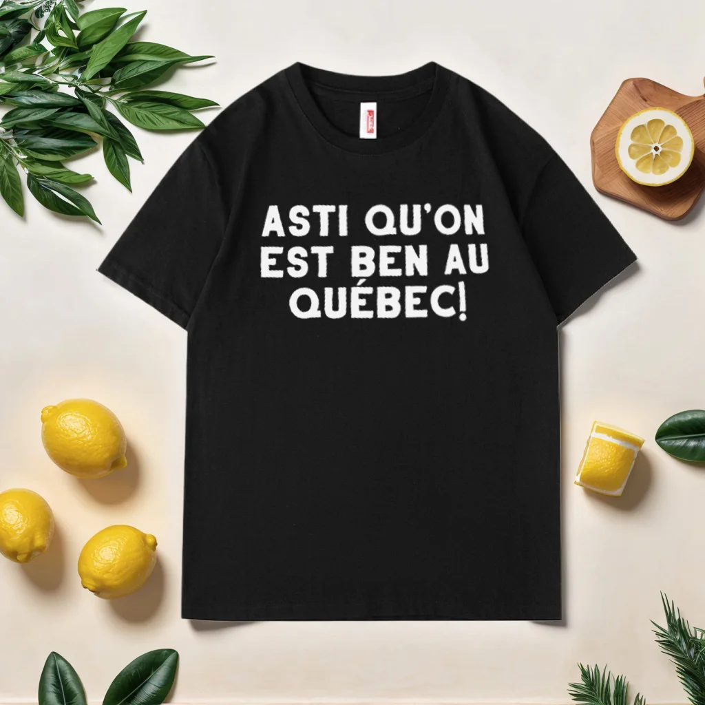 Фото Футболка QUEBEC LIBR с графическим принтом ASTI QU'ON EST BEN AU QUEBEC Персонализированная рубашка свободного стиля с коротким рукавом Повседневная простая хлопковая рубашка №5